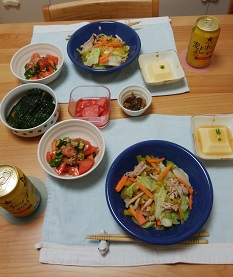 【夕飯】ゴーヤ入り野菜炒め &トマトとオクラのあえもの　など