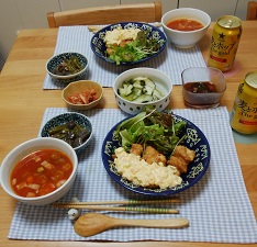 【夕飯】チキン南蛮 &オクラとトマトのスープ&あま唐辛子と豚肉とこんにゃくの煮物