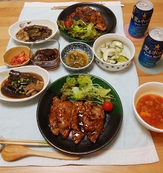 【夕飯】トンテキ &茄子と油揚げの煮物&トマトスープ